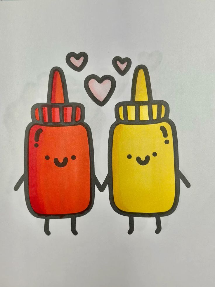 Ketchup e mostarda desenhados de forma fofa e divertida