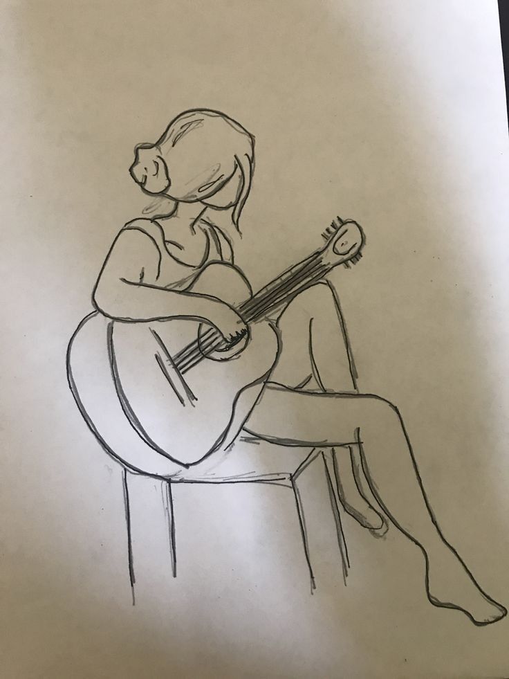 Desenho de mulher tocando violão sentada em uma cadeira