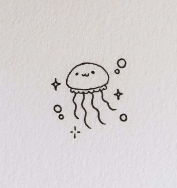 Desenho fofo de água-viva com bolhas e estrelas ao redor