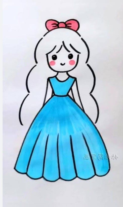Desenho de uma menina com vestido azul e cabelo longo
