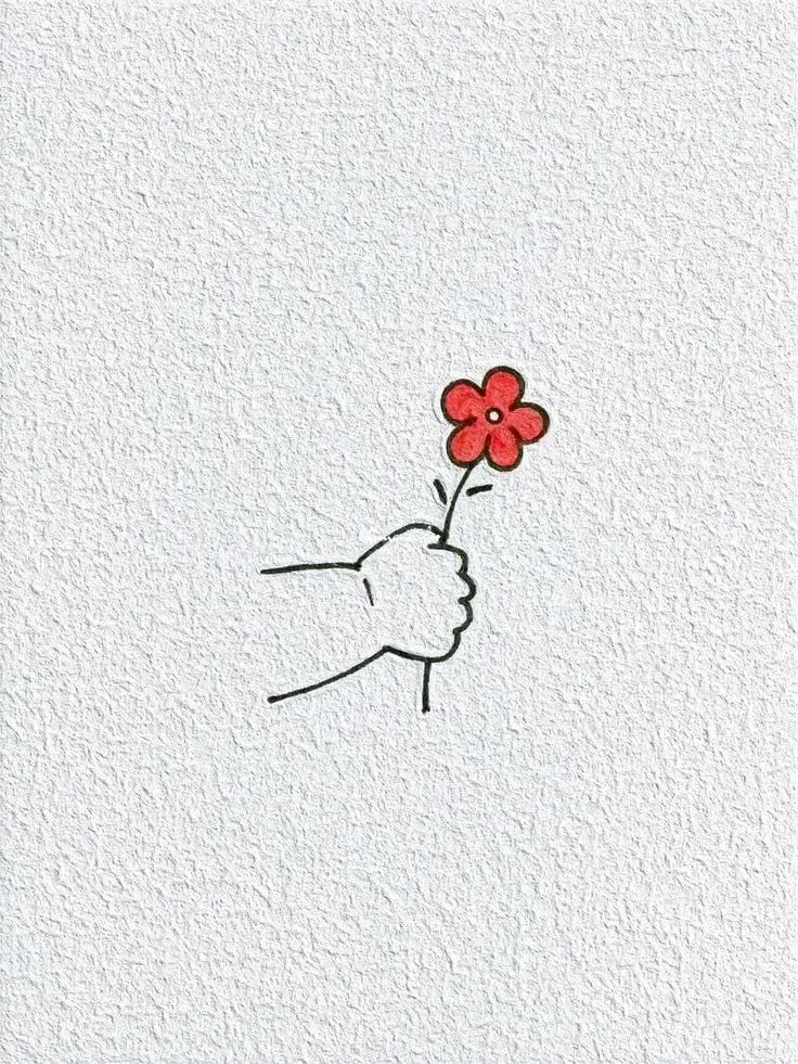 Desenho de uma mão segurando uma flor vermelha delicada