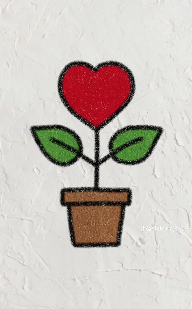 Planta em vaso com coração vermelho para desenhar fácil