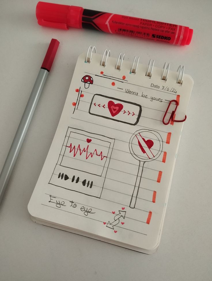 Desenho fofo de caderno com coração e gráfico vermelho