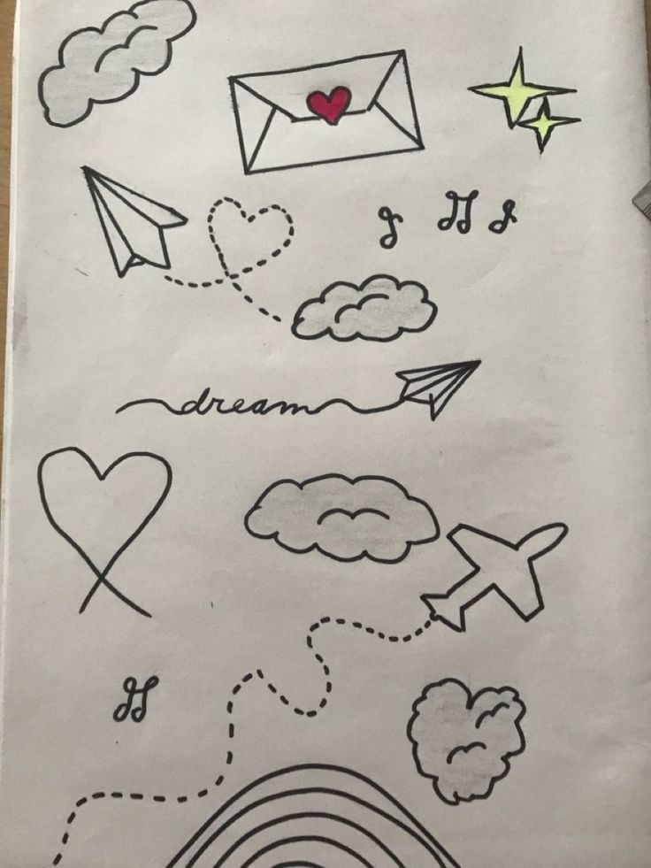 Desenhos de nuvens aviões corações e uma carta para desenhar