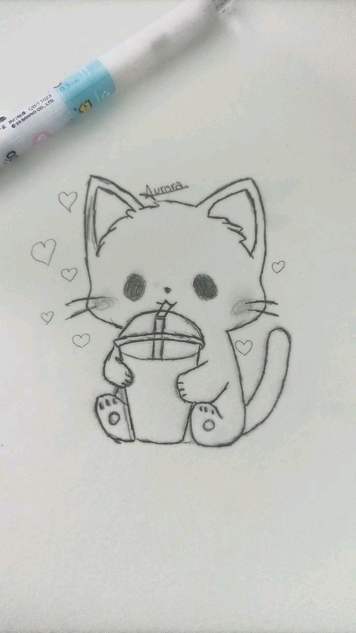 Desenho de gato fofinho segurando copo com canudo