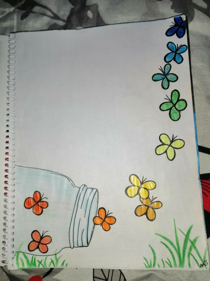 Borboletas coloridas ao redor de um pote desenhado no papel