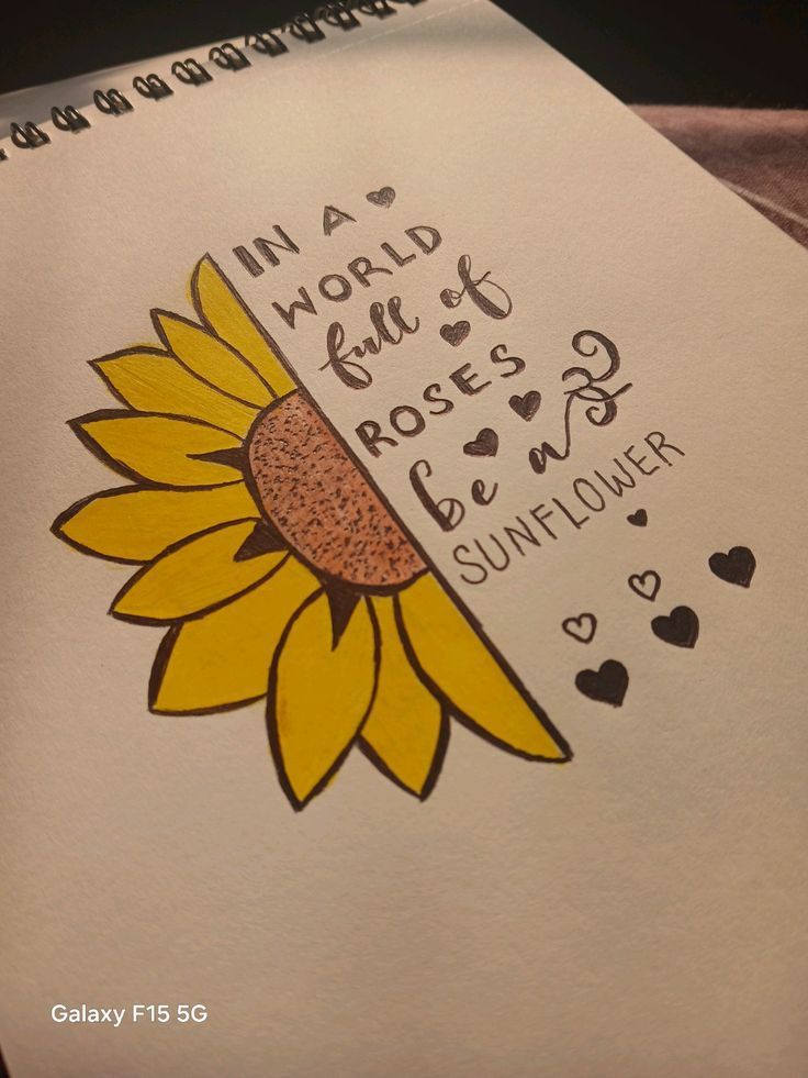 Girassol colorido e frase inspiradora para desenhar no tédio