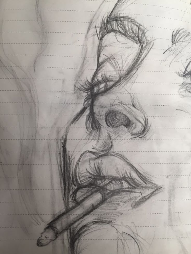 Esboço de rosto feminino com cigarro na boca