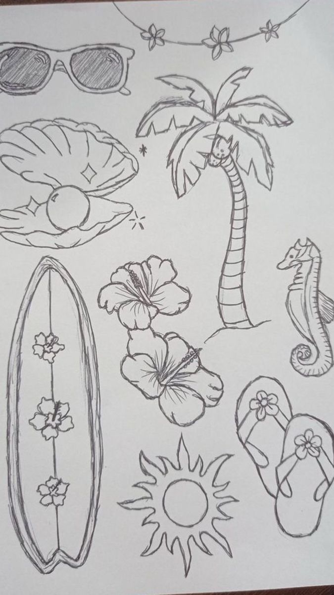 Elementos tropicais e de praia para desenhar no tédio