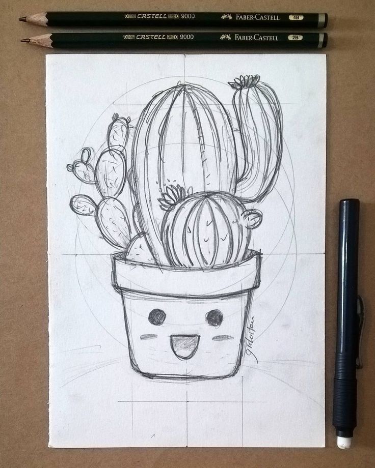 Desenho de cactos em vaso com rosto sorridente para desenhar