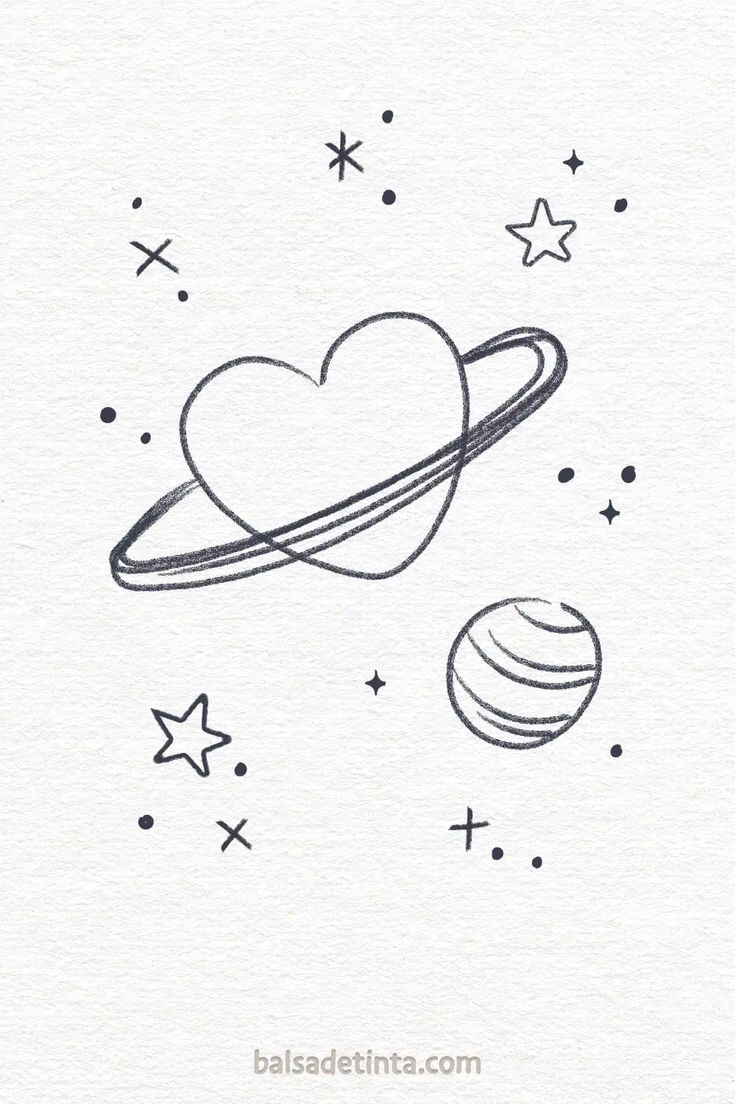 Desenho de coração com anéis e planetas no espaço