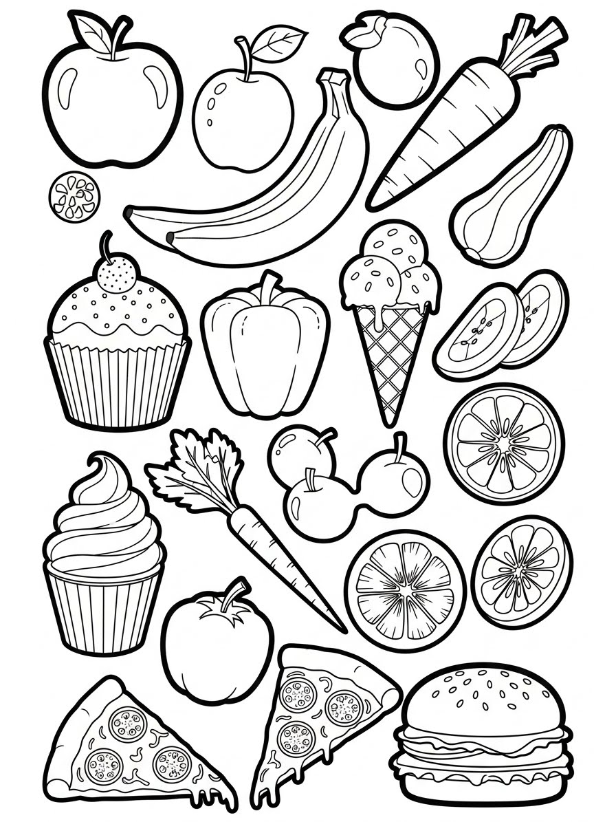 Desenho de Comida com frutas e sobremesas para colorir