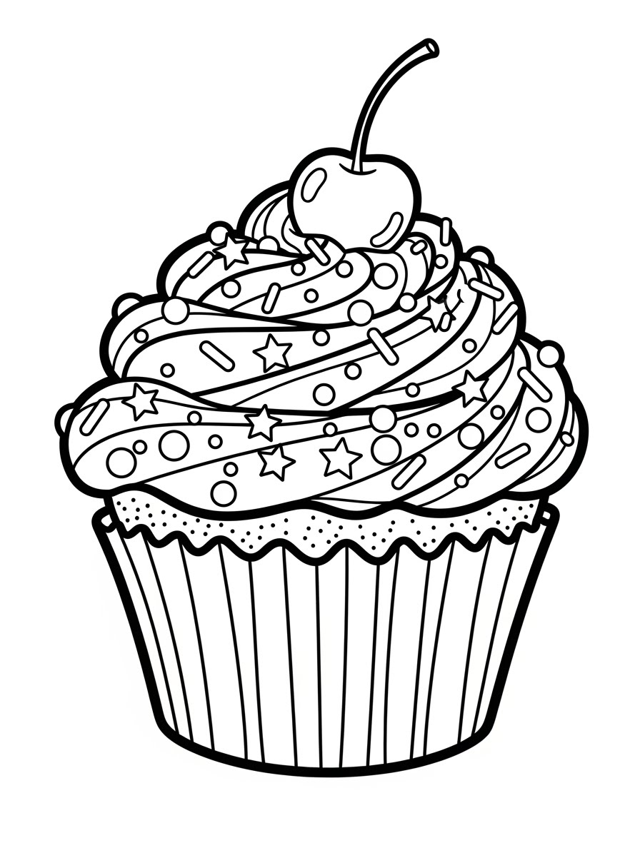 Desenho de Comida com cupcake decorado para colorir