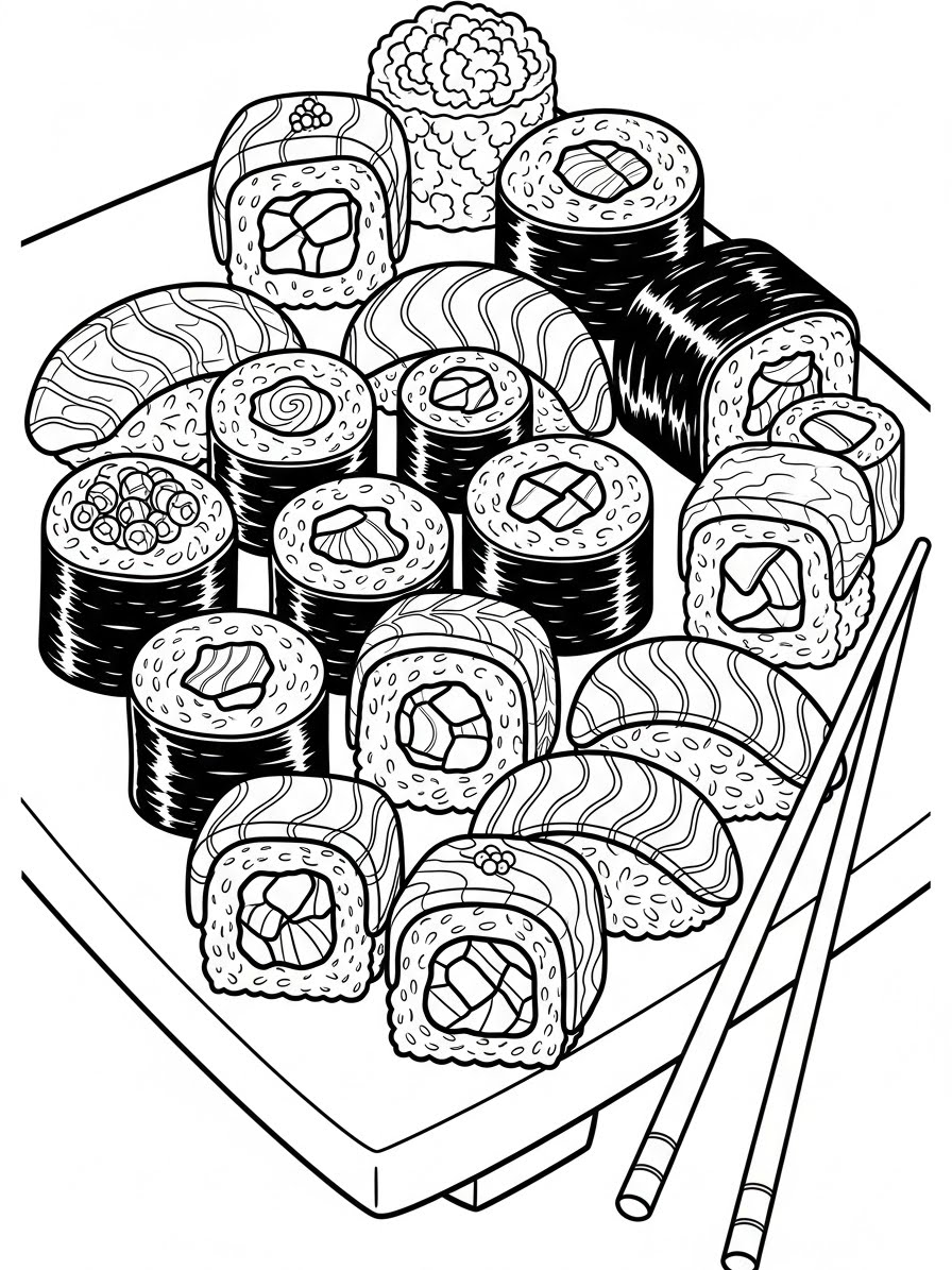 Desenho de Comida com prato de Sushi para colorir