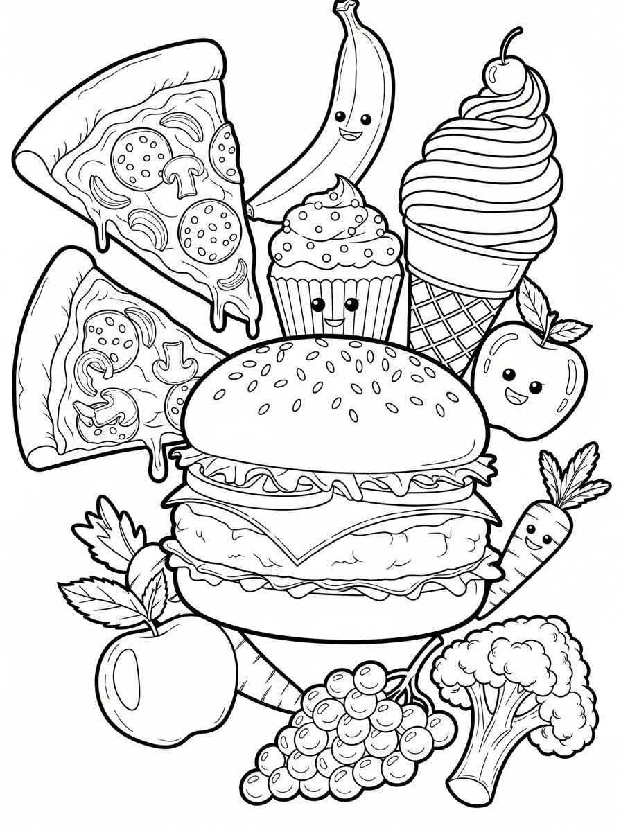 Desenho de Comida com hambúrguer pizza e sobremesas para colorir