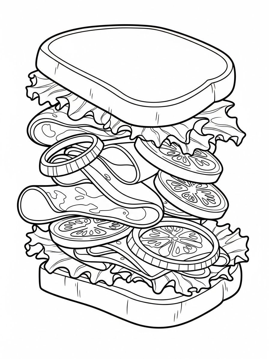 Desenho de Comida com sanduíche saboroso para colorir