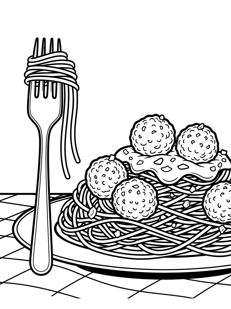 Desenho de Comida com prato de espaguete e almôndegas para colorir