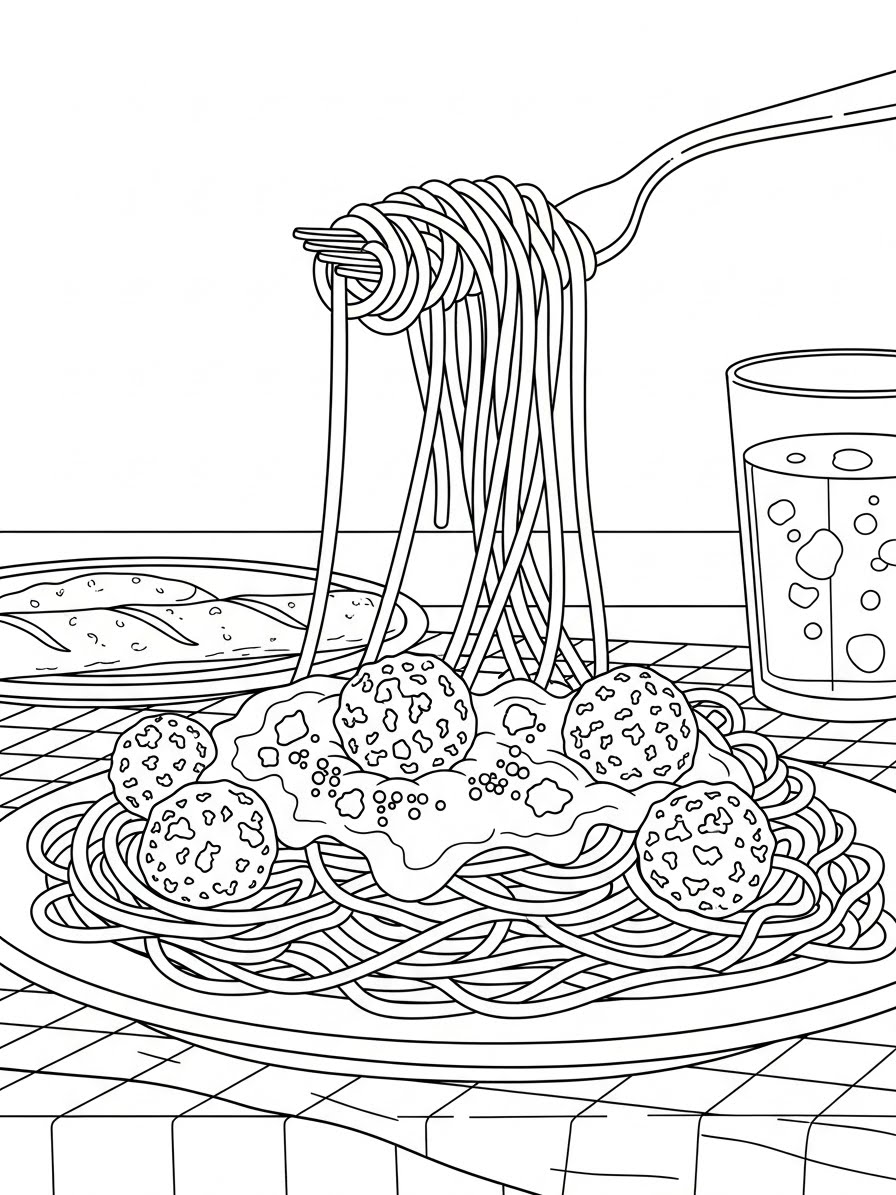 Desenho de Comida de prato de espaguete com almôndegas para colorir