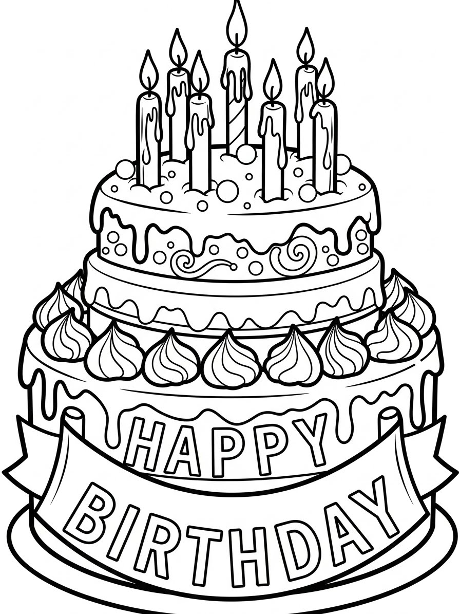 Desenho de Comida com bolo de aniversário para colorir