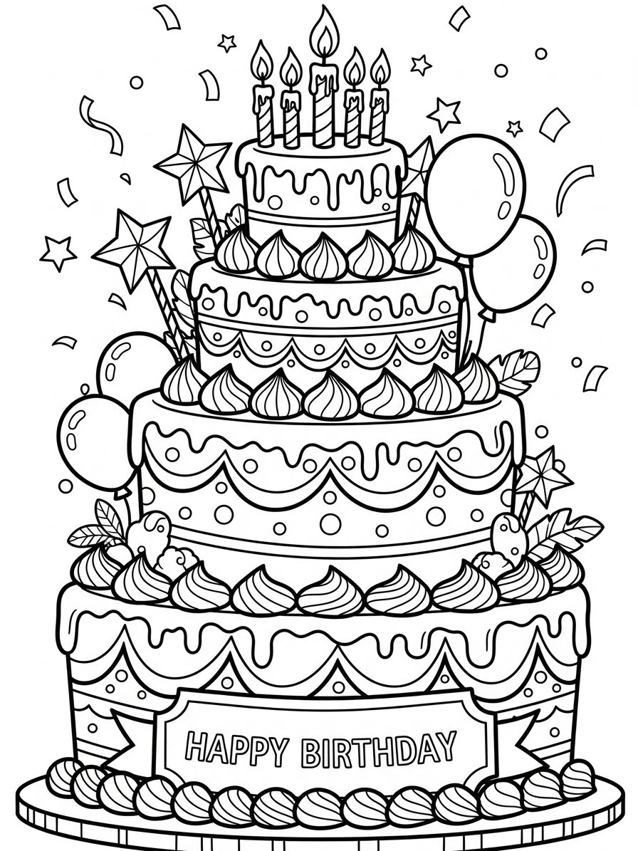 Desenho de Comida com bolo de aniversário para colorir