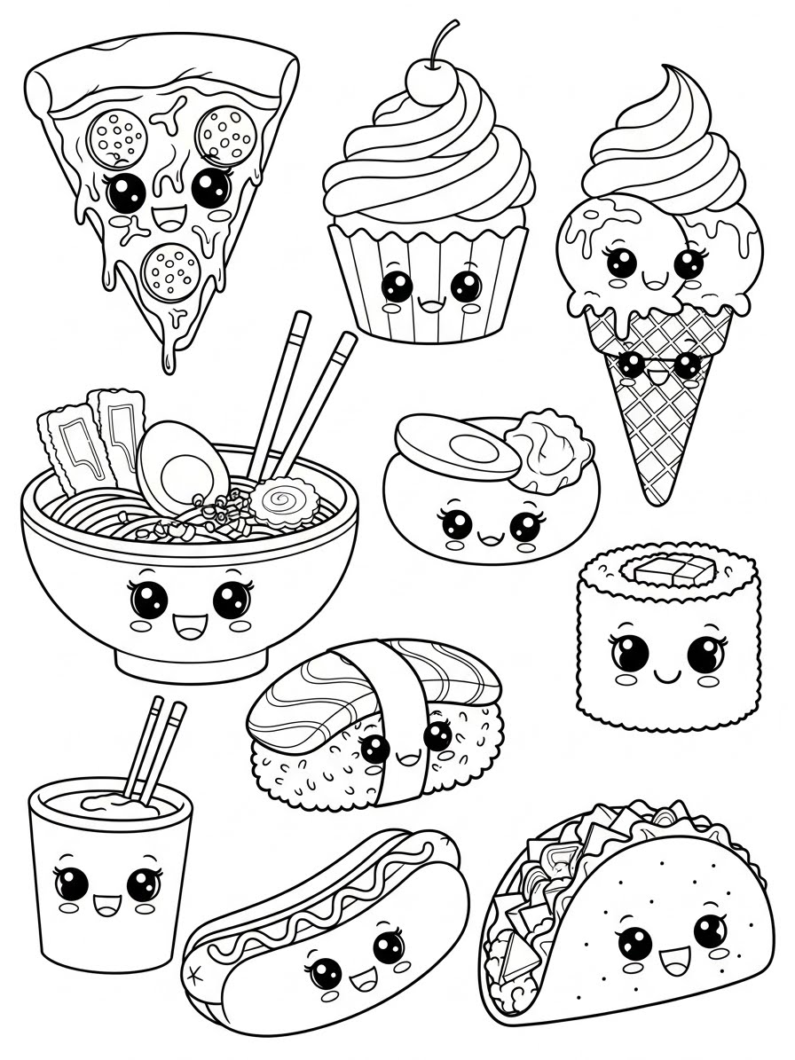 Desenho de Comida com pizza cupcake e sushi para colorir