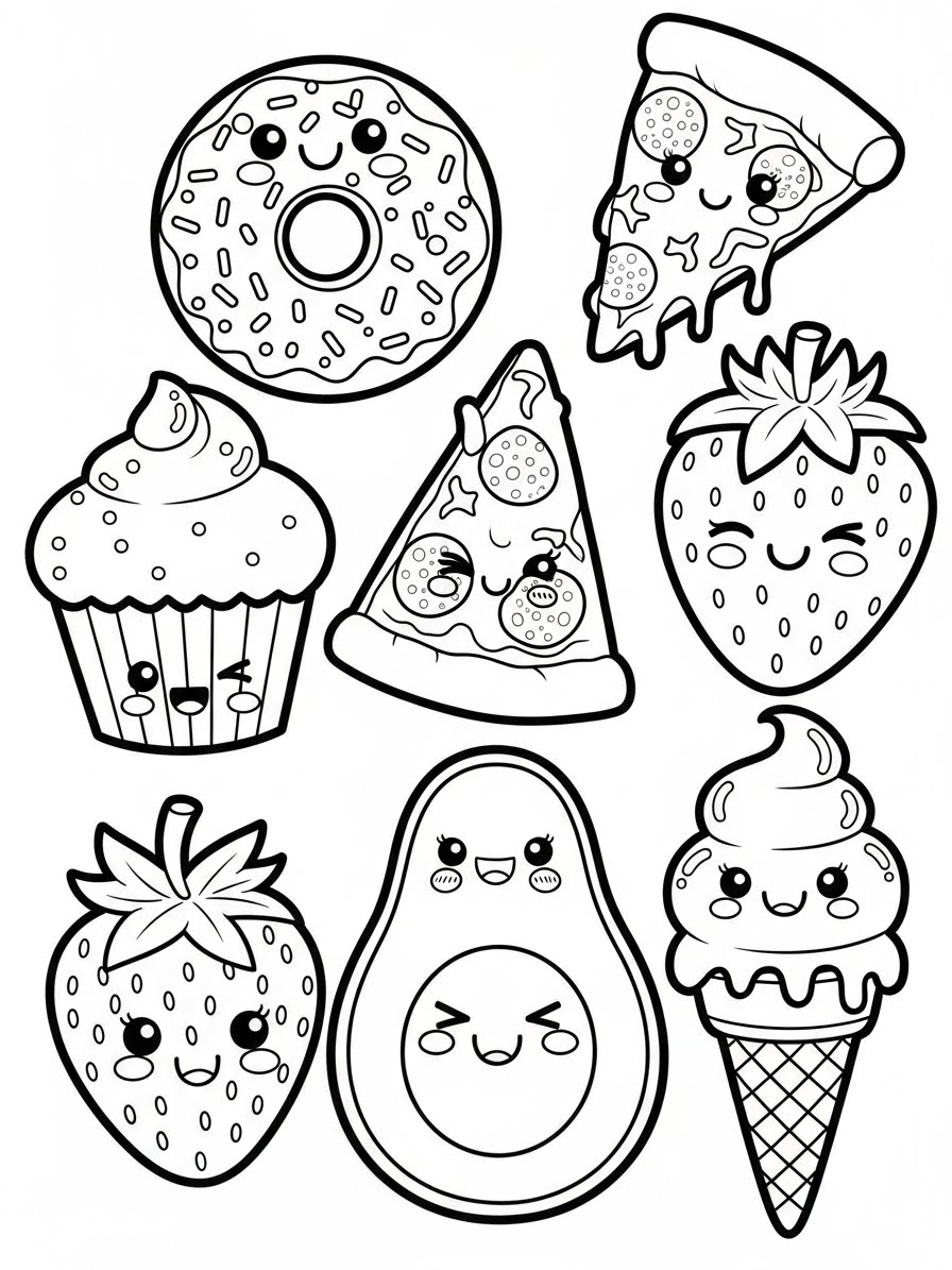 Desenho de Comida com doces e frutas para colorir