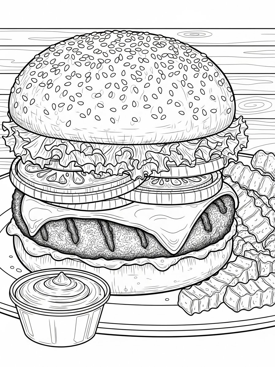 Desenho de Comida com hambúrguer e batatas para colorir