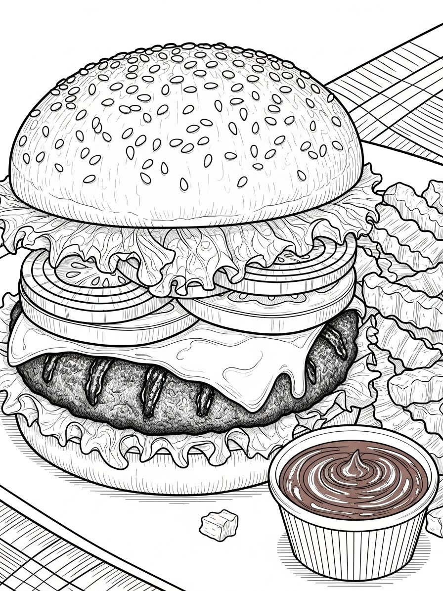 Desenho de Comida com um hambúrguer e batatas fritas para colorir