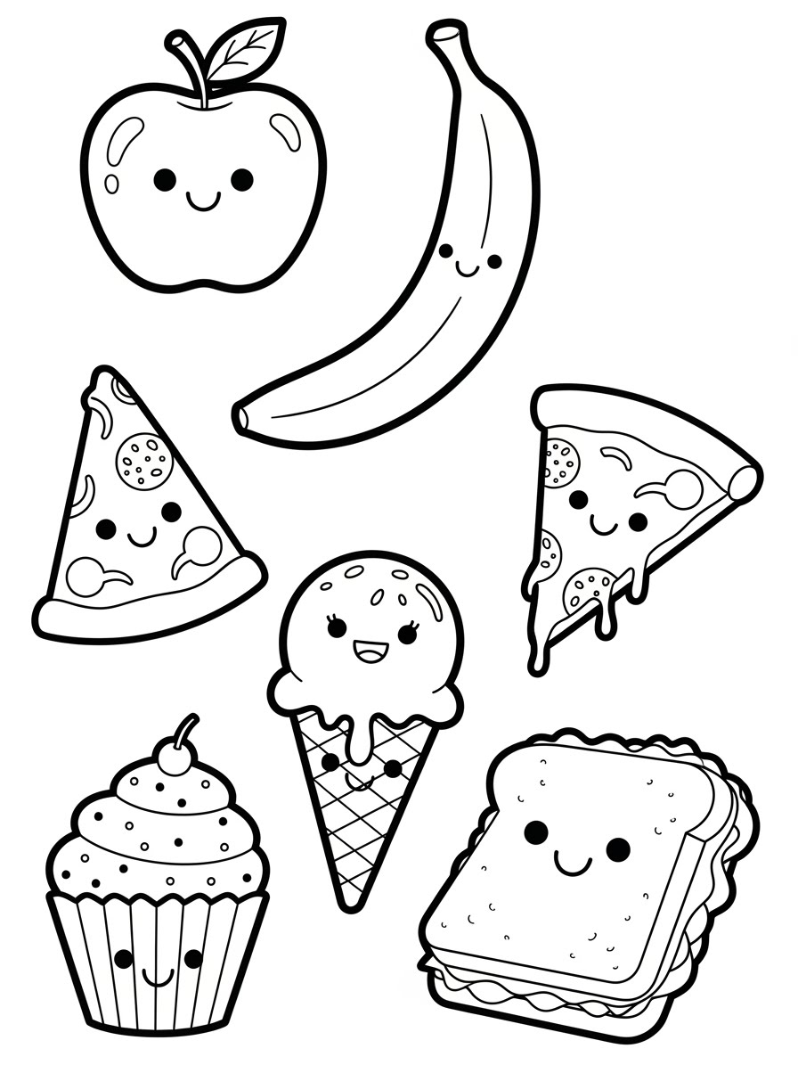 Desenho de Comida com frutas e sobremesas para colorir