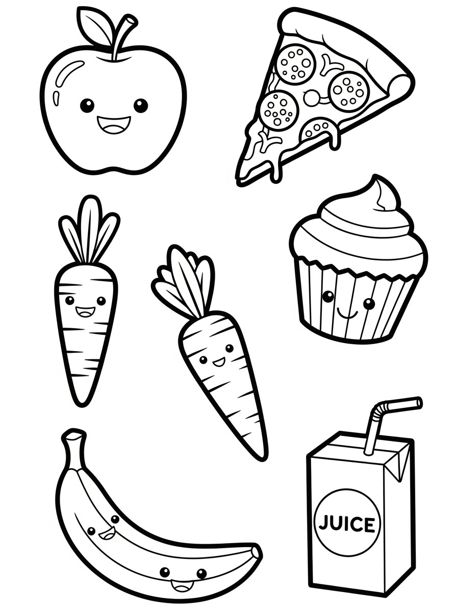 Desenho de Comida com frutas e pizza para colorir