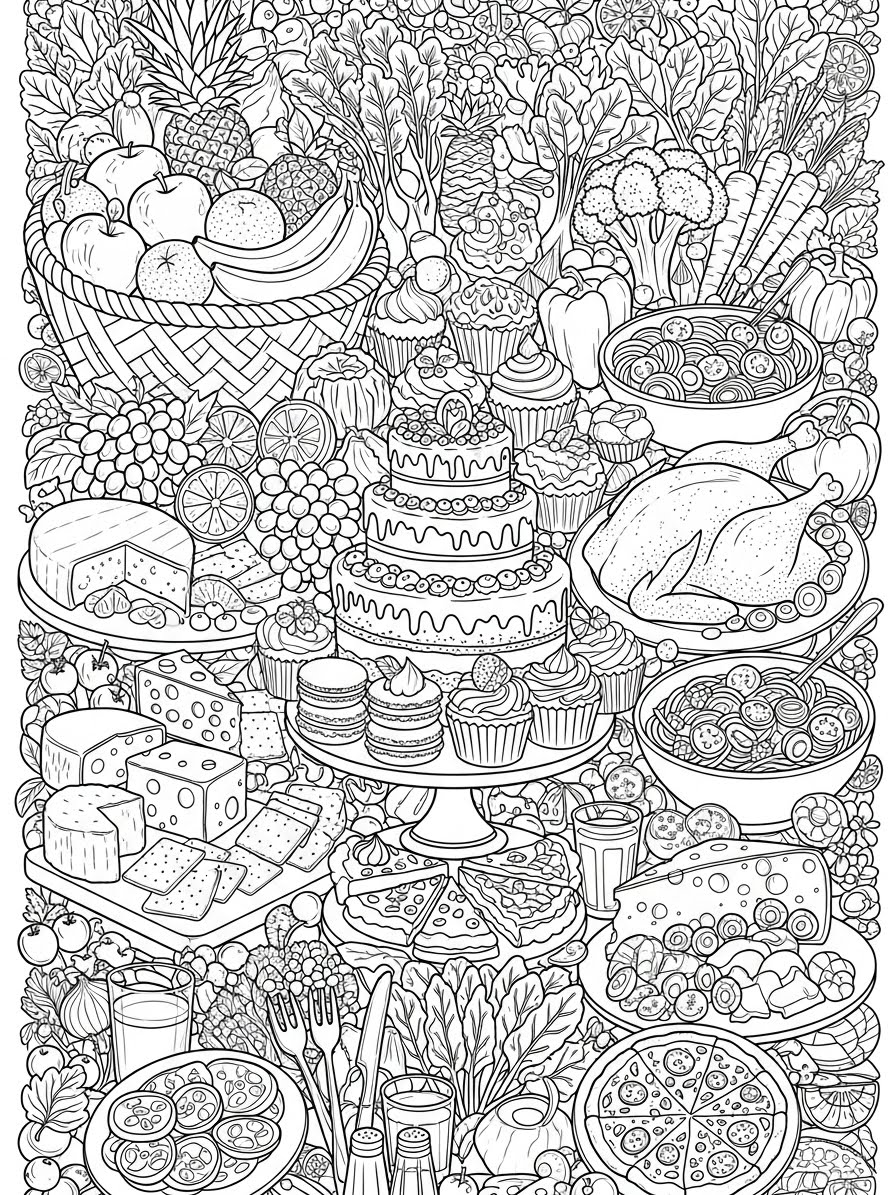 Desenho de Comida com mesa cheia de pratos saborosos para colorir