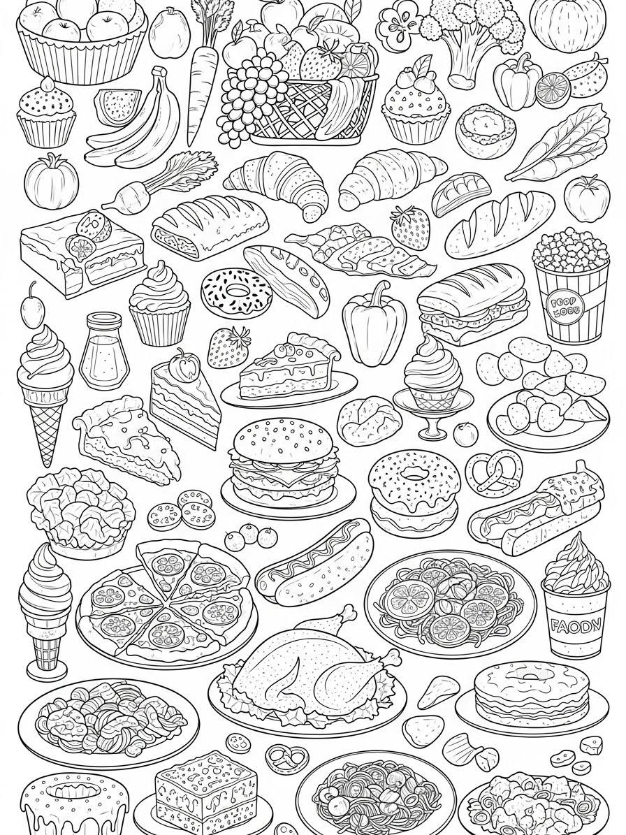 Desenho de Comida variada com pratos e guloseimas para colorir