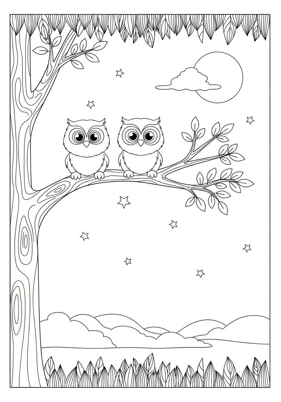 Desenho de corujas fofas em galho para colorir