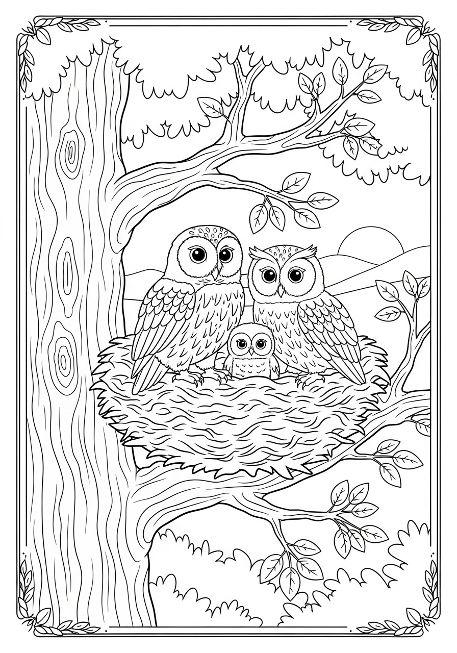 Desenho de coruja família no ninho para colorir