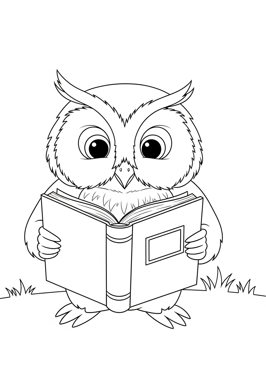 Desenho de Coruja fofa lendo livro para colorir