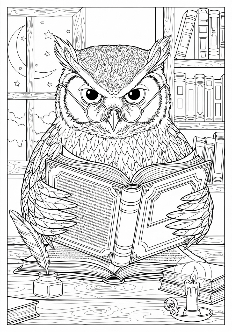 Desenho de coruja sábia lendo livro para colorir