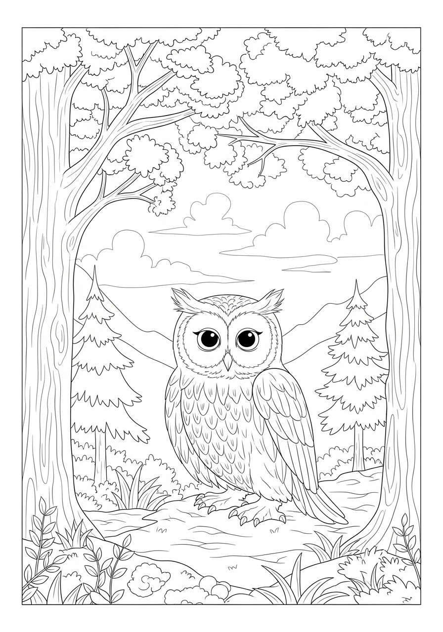 Desenho de Coruja entre árvores fácil para colorir