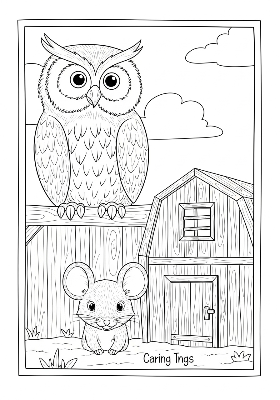 Desenho de coruja e rato em fazenda para colorir