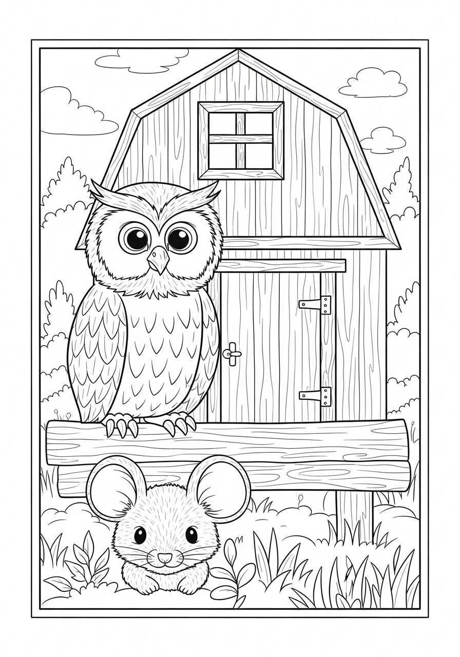 Desenho de coruja fofa em frente a celeiro para colorir