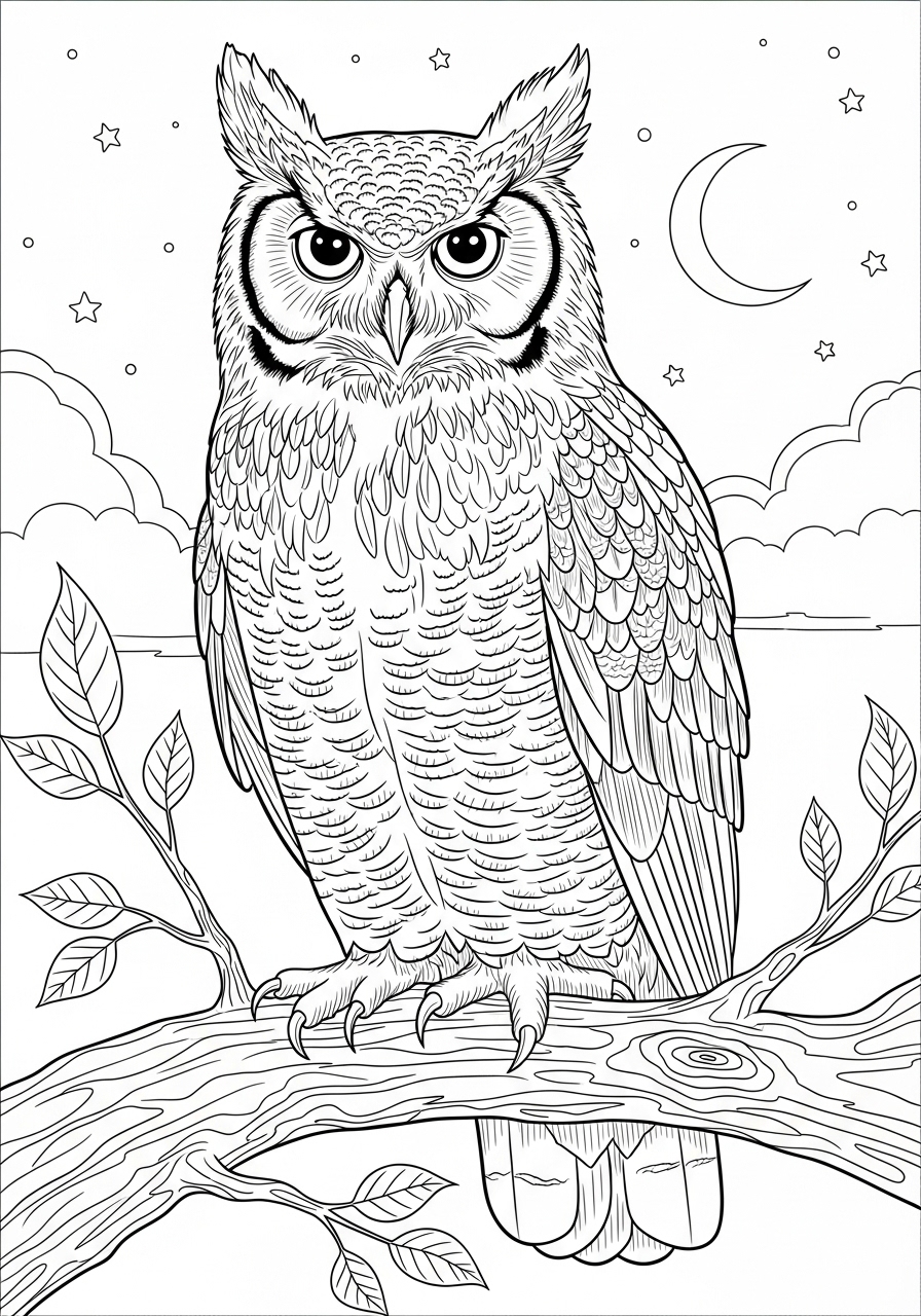 Desenho de coruja realista em galho para colorir