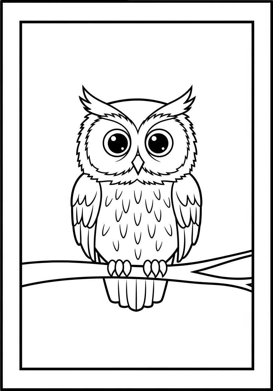 Desenho de coruja fofa em um galho para colorir