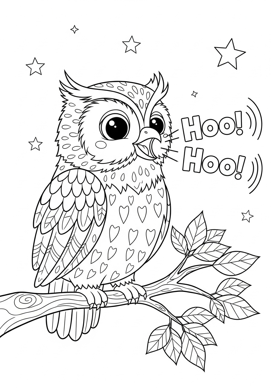 Desenho de coruja fofa em galho para colorir