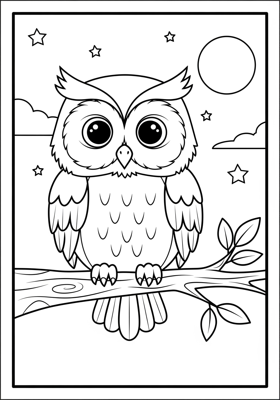 Desenho de Coruja fofa com lua e estrelas para colorir