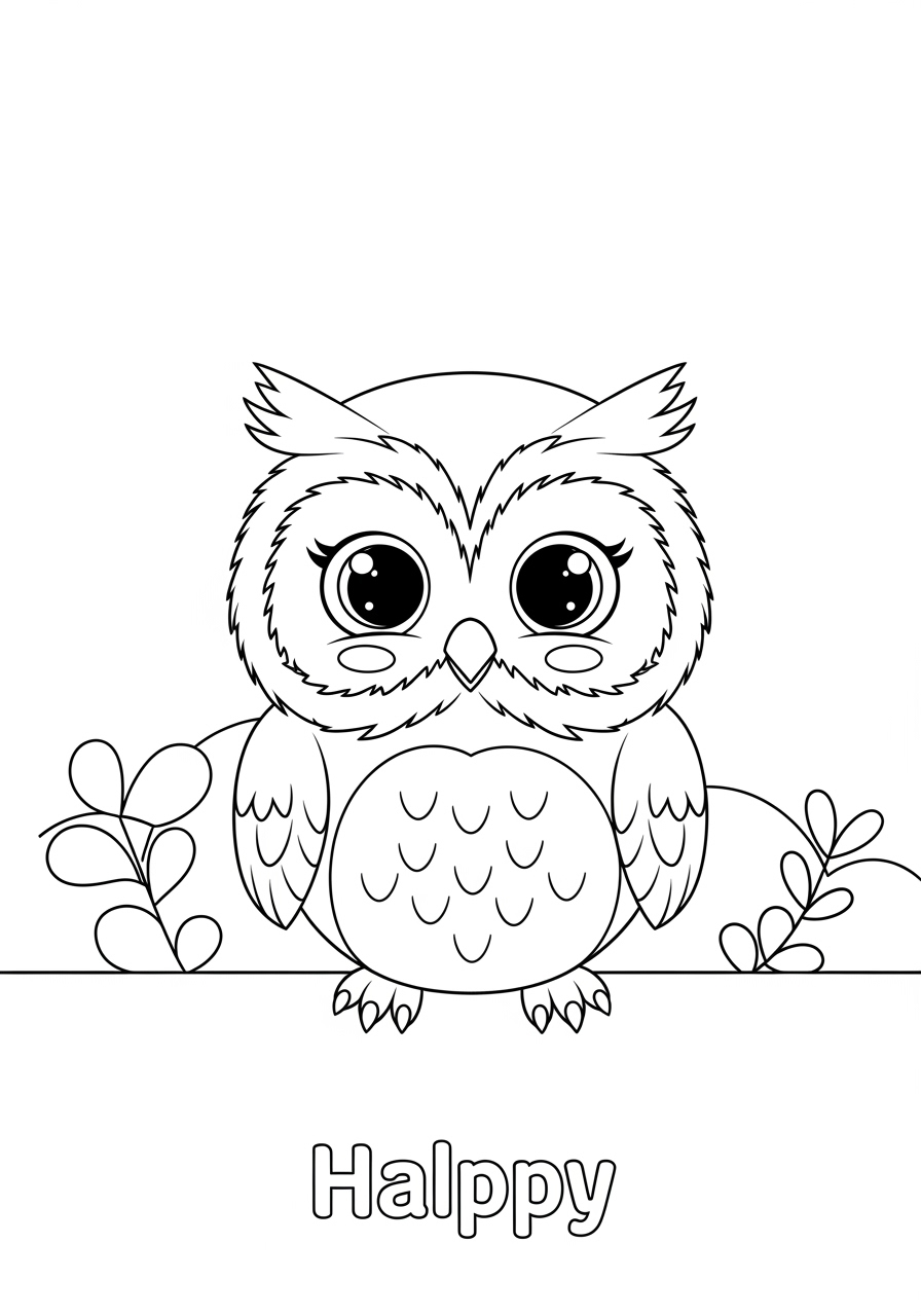 Desenho de coruja fofa em um galho para colorir