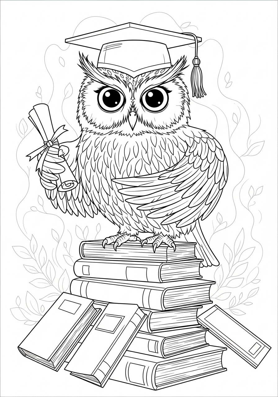 Desenho de Coruja formanda em pilha de livros para colorir