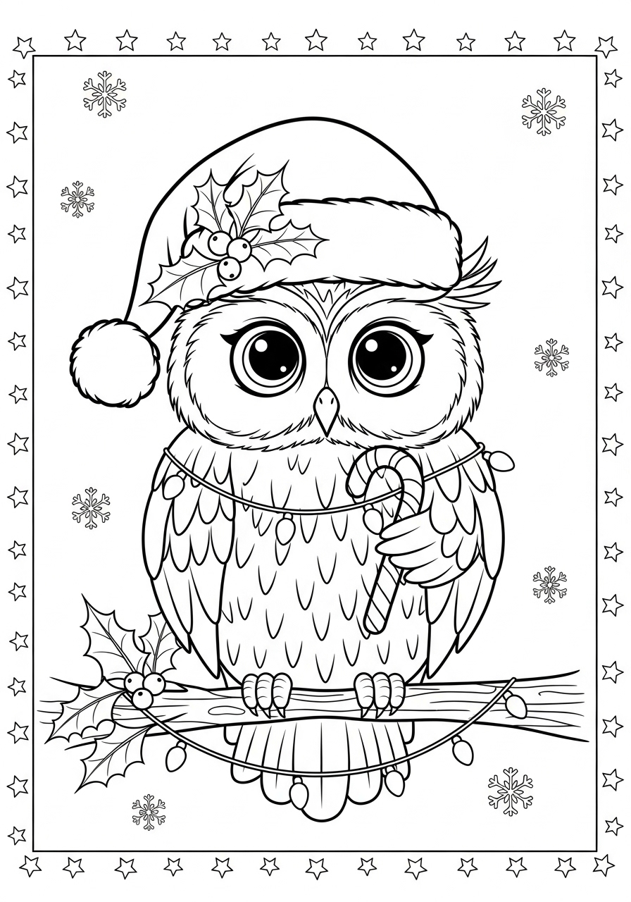 Desenho de coruja fofa com gorro de Natal para colorir