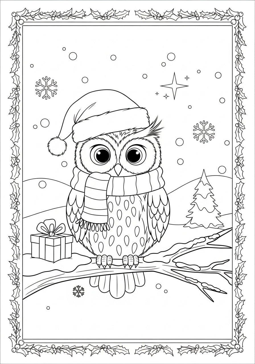 Desenho de coruja fofa com gorro de Natal para colorir