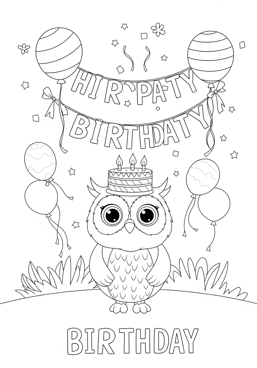 Desenho de coruja fofa com bolo de aniversário para colorir