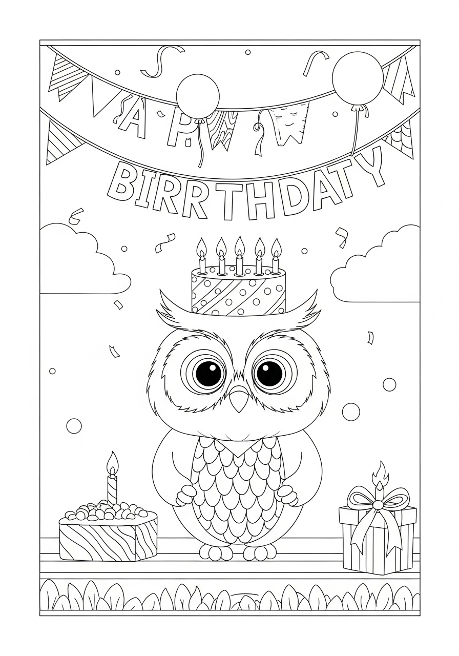 Desenho de coruja fofa com bolo de aniversário para colorir