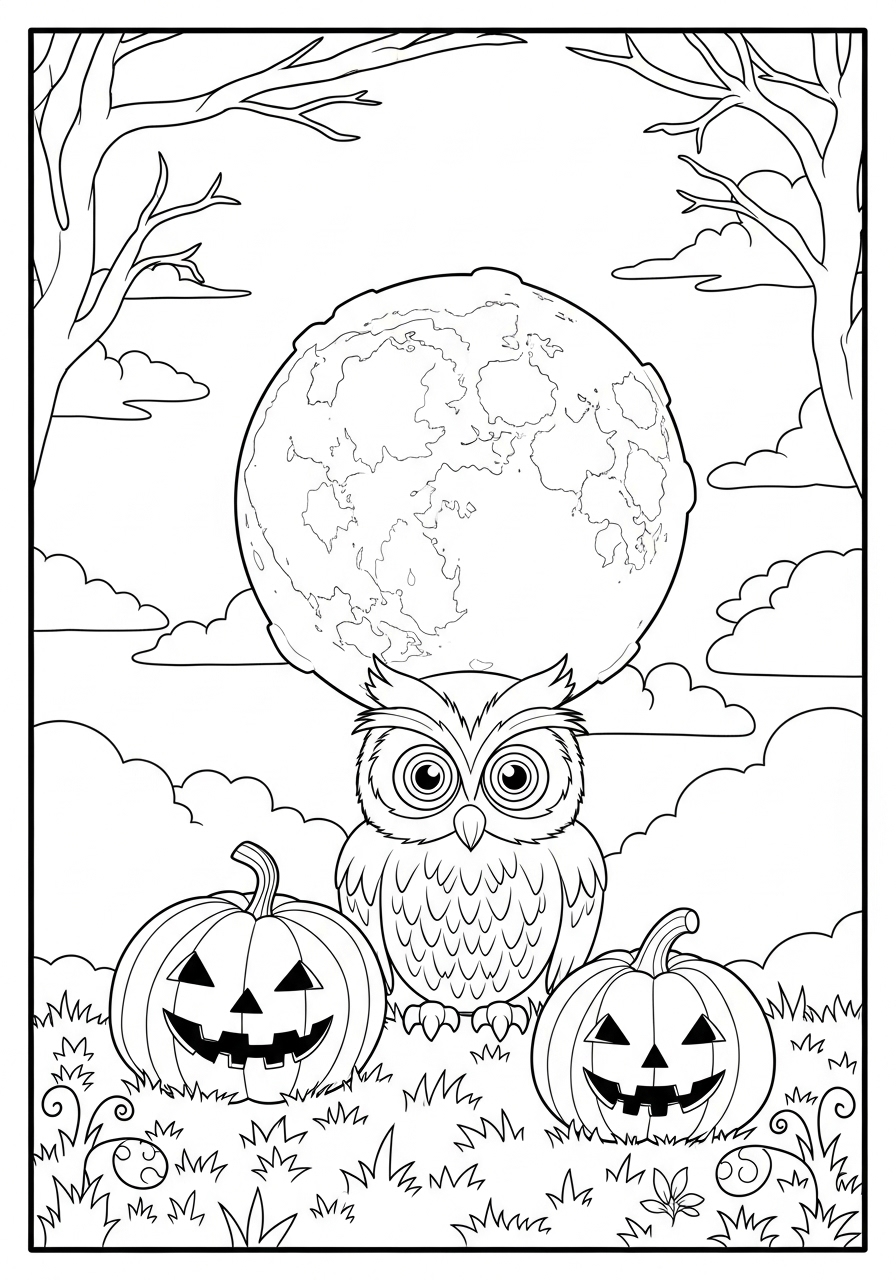 Desenho de coruja fofa a lápis com abóboras para colorir
